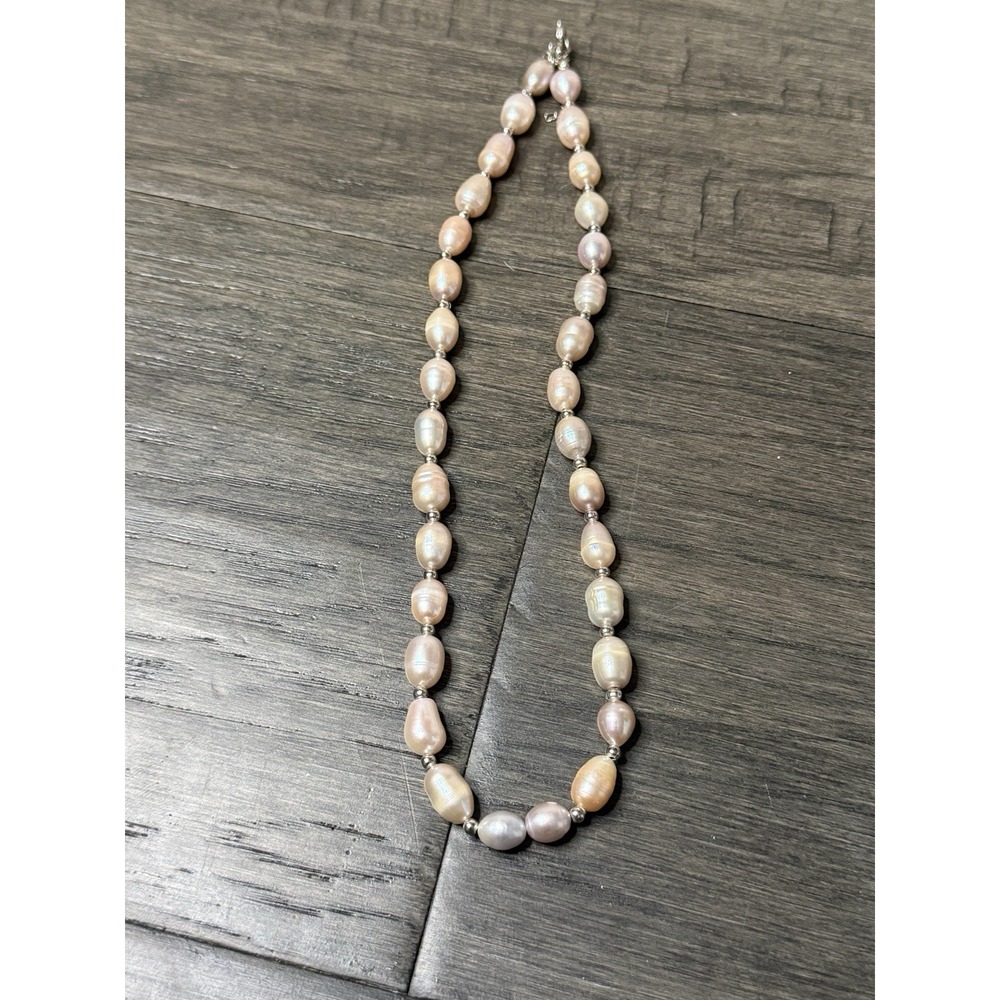Baroque Freshwater Pink Peach Silver Tone Beads Pearl Necklace